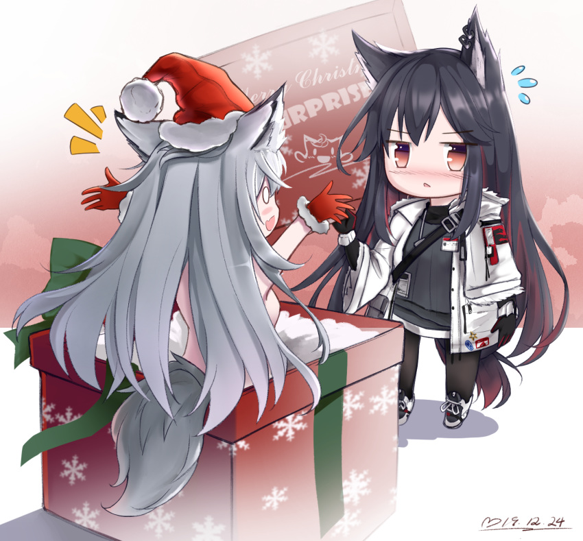 0_0 2girls :d animal_ear_fluff animal_ears arknights arms_up bangs black_gloves black_hair black_legwear blush box breasts brown_eyes chibi christmas commentary_request dated ear_piercing eyebrows_visible_through_hair fang flying_sweatdrops fur-trimmed_gloves fur-trimmed_hat fur_trim gift gift_box gloves grey_hair grey_shirt hat highres hjhhzb holding in_box in_container jacket lappland_(arknights) long_hair long_sleeves merry_christmas multicolored_hair multiple_girls nose_blush nude open_clothes open_jacket open_mouth outstretched_arms pantyhose parted_lips piercing profile red_gloves red_hair red_headwear santa_gloves santa_hat shirt shoes sideways_mouth small_breasts smile standing streaked_hair tail texas_(arknights) very_long_hair white_footwear white_jacket wide_sleeves