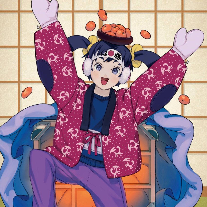 1girl arms_up bangs earmuffs feet_out_of_frame food fruit hair_tie headband highres kotatsu long_sleeves looking_at_viewer mandarin_orange mittens nc_empire_(circle) open_mouth original pants purple_eyes purple_pants smile solo table twintails