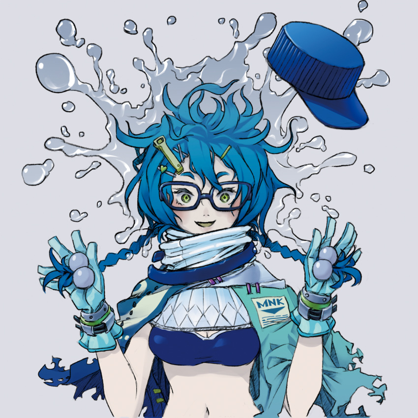 1girl blue_gloves blue_headwear glasses gloves grey_background hair_ornament hairclip hands_up hat hat_removed headwear_removed highres holding holding_hair looking_at_viewer navel nc_empire_(circle) open_mouth original sleeveless smile solo splashing upper_body water yellow_eyes