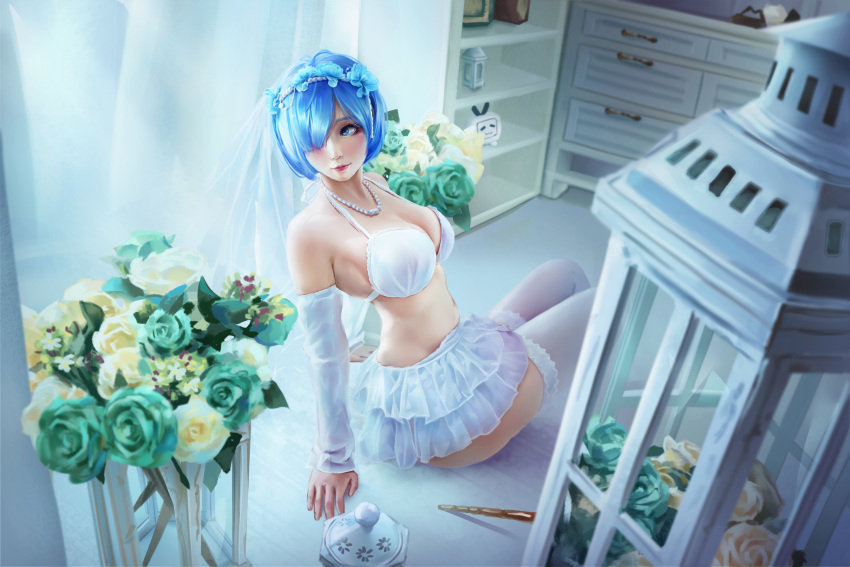 1girl arm_support bangs bikini_top blue_eyes blue_hair blush bouquet breasts bridal_veil chinese_commentary cleavage commentary_request detached_sleeves flower frilled_skirt frills green_flower hair_over_one_eye hairband highres indoors jewelry looking_to_the_side medium_breasts necklace pearl_necklace re:zero_kara_hajimeru_isekai_seikatsu rem_(re:zero) short_hair sitting skirt solo thighhighs veil white_bikini_top white_legwear white_skirt wo_jiushi_kanbudong yellow_flower