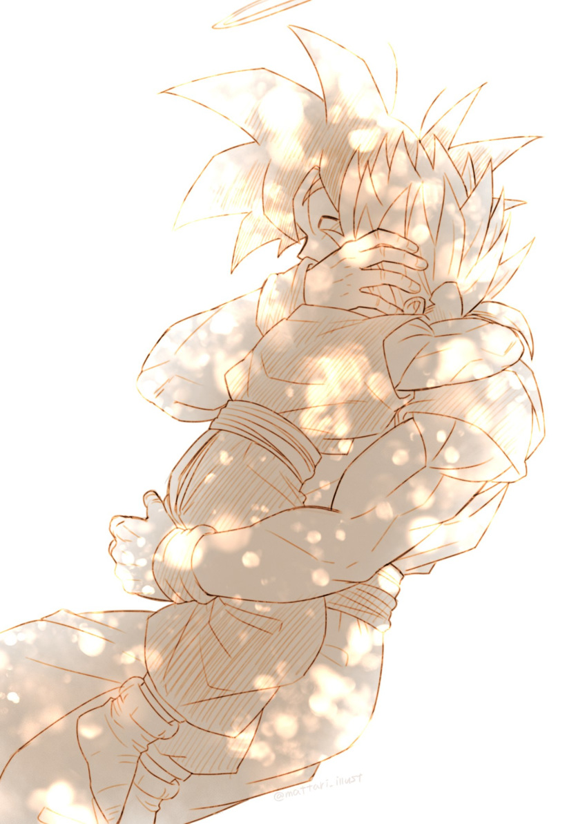 2boys ^_^ arms_around_neck backlighting blurry bokeh closed_eyes depth_of_field dougi dragon_ball dragon_ball_z father_and_son fingernails halo hand_on_another's_head happy highres hug light_particles male_focus mattari_illust monochrome multiple_boys sepia simple_background son_gohan son_gokuu spiked_hair twitter_username white_background wristband