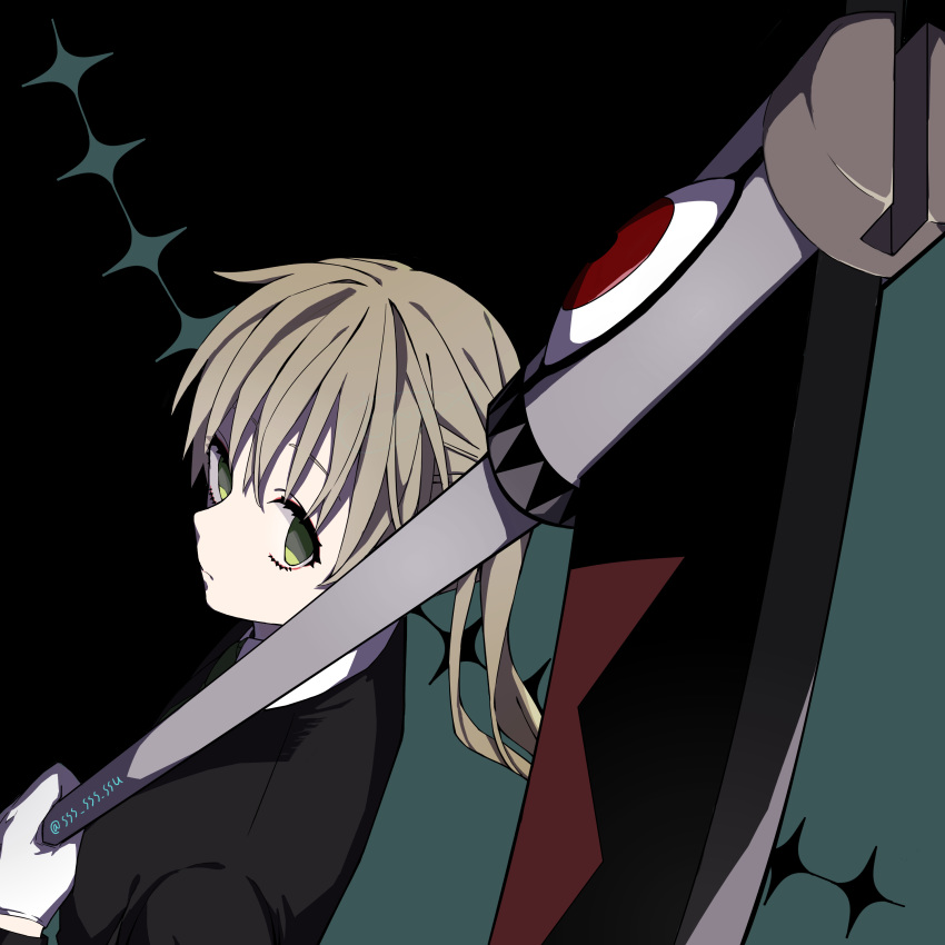 1girl absurdres brown_hair closed_mouth commentary_request gloves green_eyes highres looking_at_viewer maka_albarn scythe simple_background soul_eater soul_eater_(character) twintails