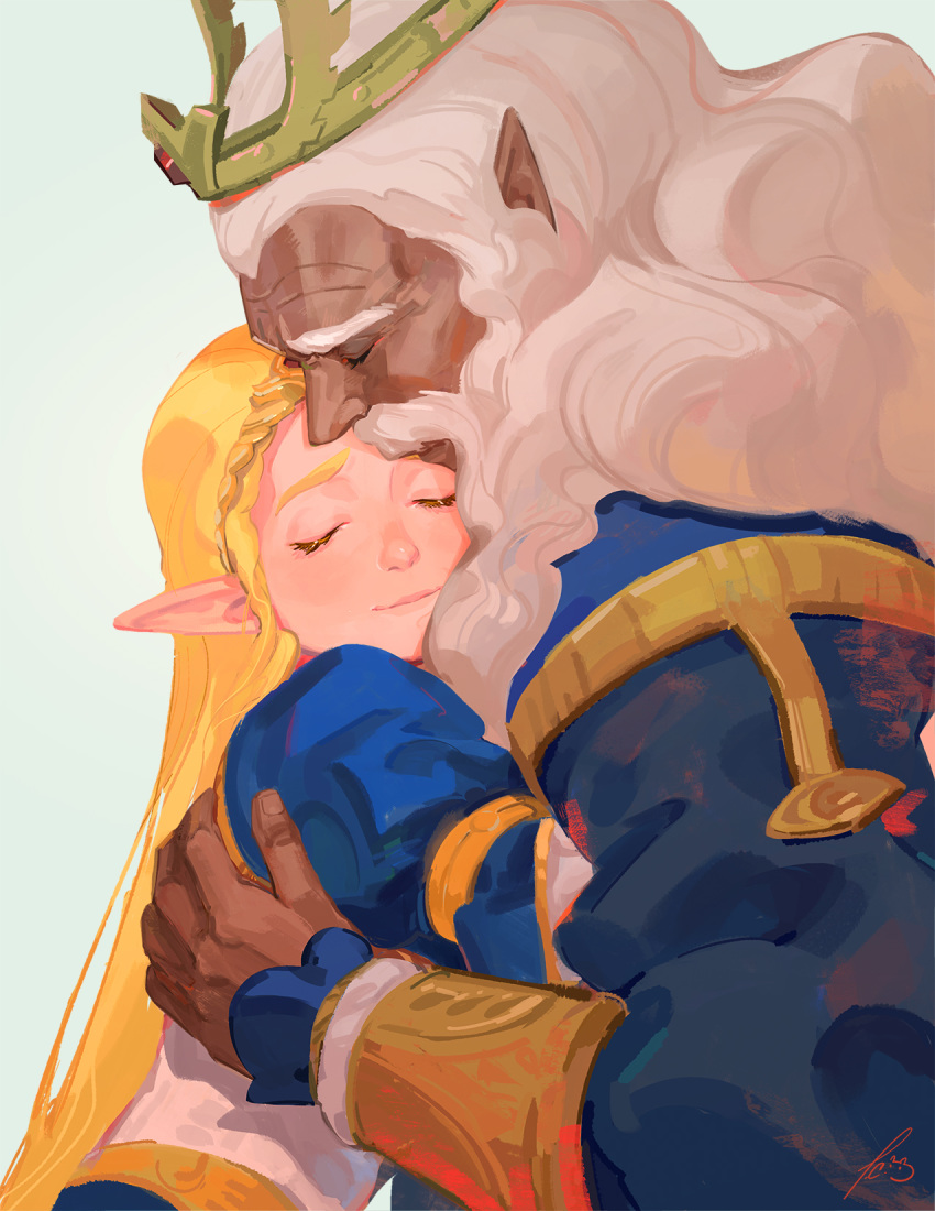 1boy 1girl aqua_background beard blonde_hair blue_dress closed_eyes crown dark_skin dark_skinned_male dress eyebrows facial_hair father_and_daughter highres hug long_hair nose pointy_ears princess_zelda rhoam_bosphoramus_hyrule sellite simple_background smile the_legend_of_zelda the_legend_of_zelda:_breath_of_the_wild thick_eyebrows tiara white_hair