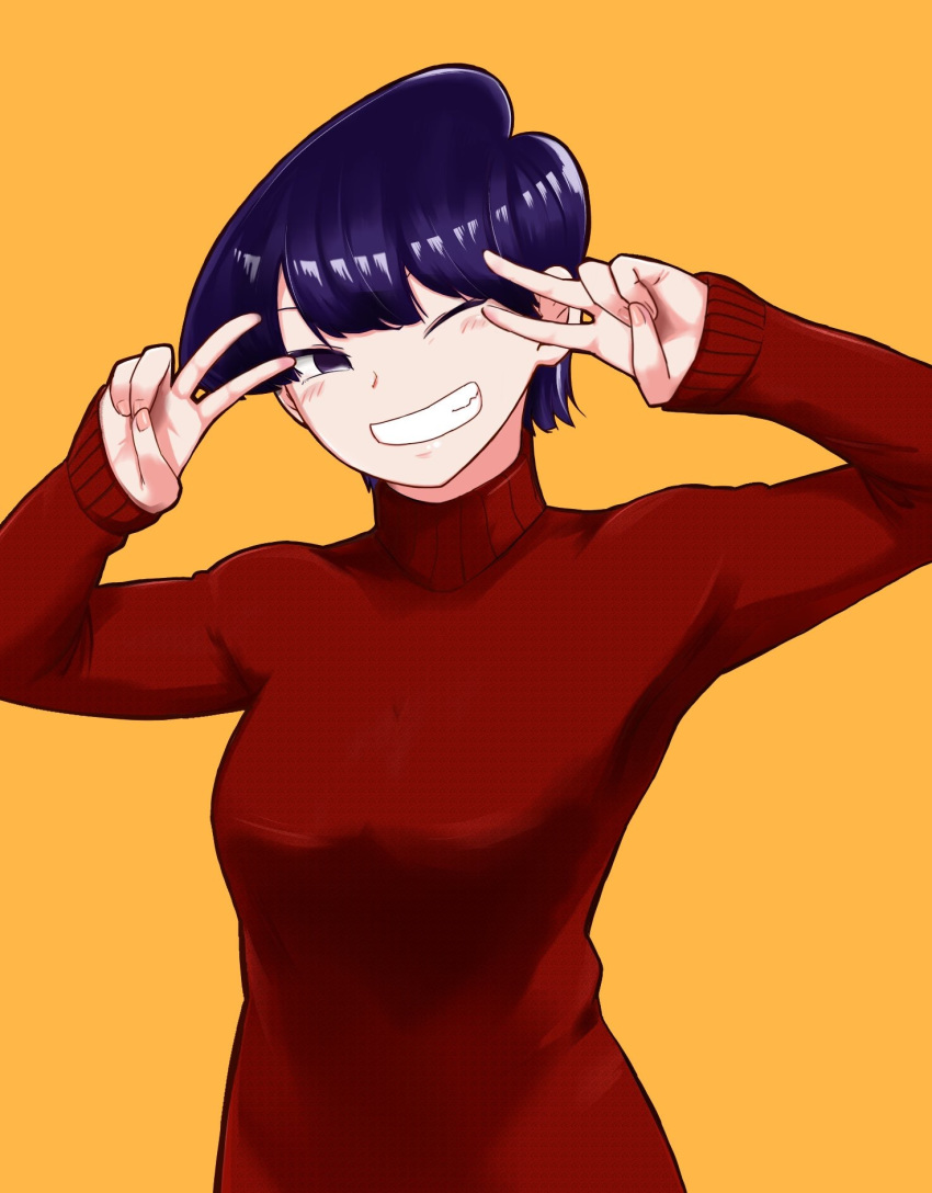 1girl ;d ayatak0517 black_eyes black_hair blush double_v grin hands_up highres komi-san_wa_komyushou_desu komi_shuuko long_sleeves looking_at_viewer one_eye_closed open_mouth pullover red_sweater short_hair simple_background sleeves_past_wrists smile solo sweater teeth upper_body v yellow_background