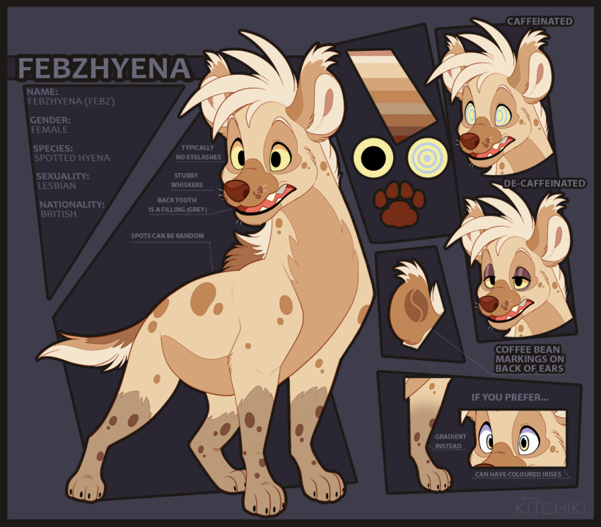 4_toes english_text febzhyena_(kitchiki) feral hyaenid kitchiki mammal model_sheet open_mouth pawpads solo spotted_hyena teeth text toes tongue