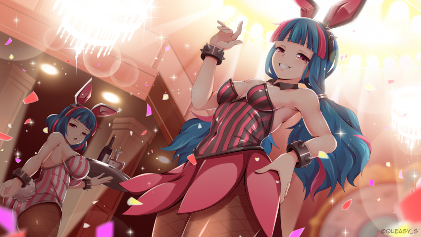 2girls alcohol animal_ears armpits bangs blue_hair blunt_bangs bottle breasts brown_legwear bunny_ears bunny_girl bunnysuit chandelier confetti cowboy_shot grin hand_on_hip highres large_breasts leotard long_hair looking_at_viewer maplestory maplestory_2 medium_breasts mint_(maplestory_2) mole mole_under_eye multicolored_hair multiple_girls pantyhose pink_hair pink_skirt queasy_s red_eyes short_hair skirt smile spikes streaked_hair striped tray twitter_username two-tone_hair vanilla_(maplestory_2) vertical_stripes