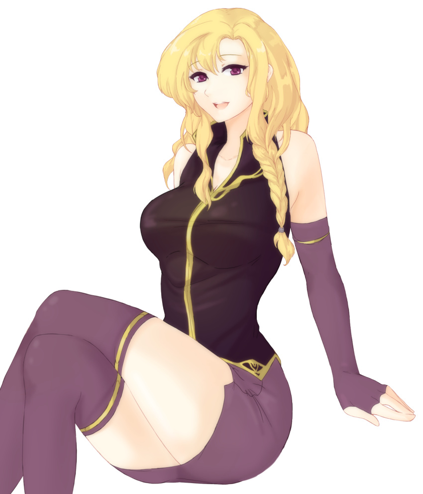 1girl bare_shoulders blonde_hair braid breasts cleavage crossed_legs eyebrows_visible_through_hair fingerless_gloves fire_emblem fire_emblem:_the_blazing_blade fire_emblem_heroes gloves hair_between_eyes highres large_breasts long_hair looking_at_viewer louise_(fire_emblem) open_mouth purple_eyes sitting skirt smile solo thighhighs thighs transparent_background tridisart