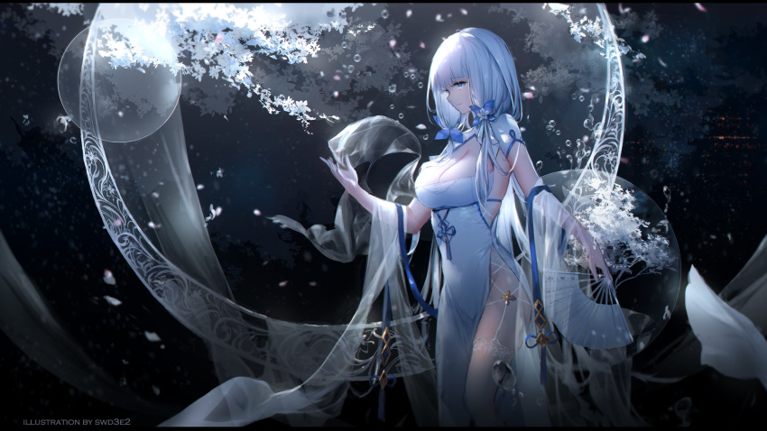 1girl azur_lane bangs blue_eyes breasts cleavage closed_mouth dress eyebrows_visible_through_hair falling_petals highres illustrious_(azur_lane) large_breasts long_hair night night_sky side_slit silver_hair sky swd3e2 tri_tails white_dress
