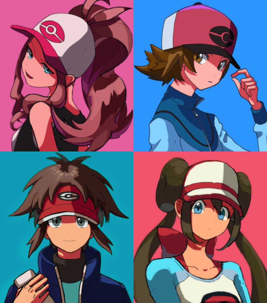 2boys 2girls baseball_cap blue_eyes closed_mouth collarbone commentary double_bun face grey_eyes hat highres kyouhei_(pokemon) looking_at_viewer mei_(pokemon) multiple_boys multiple_girls pokemon pokemon_(game) pokemon_bw pokemon_bw2 rifu_(hunihuni1130) smile touko_(pokemon) touya_(pokemon) twintails two-tone_background zipper