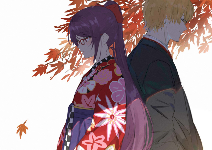 1boy 1girl autumn_leaves back-to-back black-framed_eyewear blush bow brown_hair character_request closed_eyes closed_mouth floral_print glasses hair_bow hakama high_ponytail highres isshiki_(ffmania7) japanese_clothes kimono leaf long_hair looking_away maple_leaf nijisanji ponytail print_kimono profile purple_eyes purple_hair purple_hakama red-framed_eyewear red_bow red_kimono simple_background smile upper_body very_long_hair virtual_youtuber white_background
