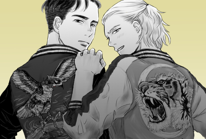 2boys bird blush from_behind greyscale half_updo hand_on_another's_shoulder highres jacket koizumi_riu looking_back male_focus monochrome multiple_boys otabek_altin smile tiger undercut yellow_background yuri!!!_on_ice yuri_plisetsky