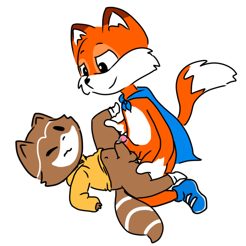 1:1 anthro canid canine chillhop digital_media_(artwork) embarrassed fox genitals grinding half_clothed hi_res looking_down lucky_the_fox male male/male mammal muffinlewds navel one_eye_closed penis procyonid raccoon raised_tail smile spread_legs spreading super_lucky's_tale