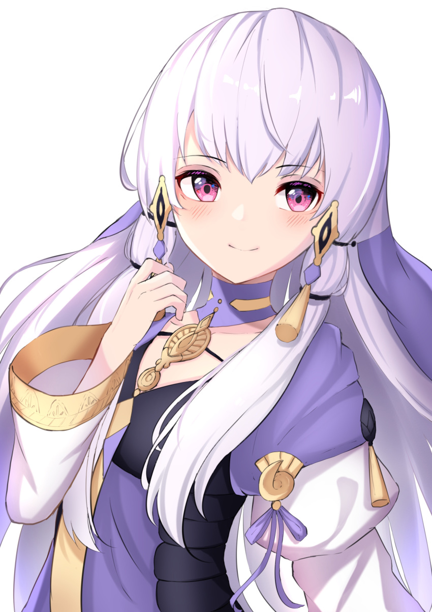 +5cm 1girl absurdres bangs blush closed_mouth collarbone commentary_request dress eyebrows_visible_through_hair fire_emblem fire_emblem:_three_houses highres juliet_sleeves long_hair long_sleeves looking_at_viewer lysithea_von_ordelia pink_eyes puffy_sleeves purple_dress purple_ribbon ribbon sidelocks silver_hair simple_background smile solo tassel upper_body veil very_long_hair white_background white_sleeves wide_sleeves