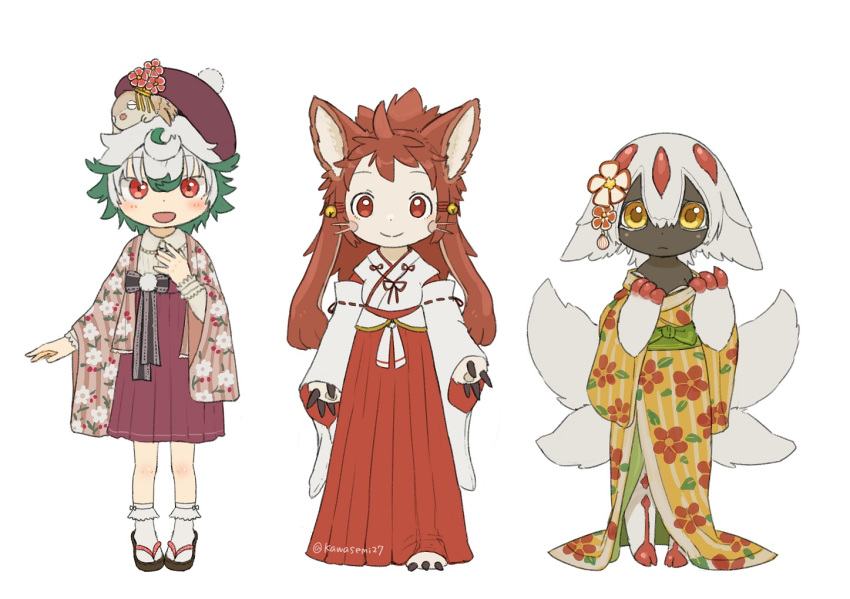 3girls animal_ears artist_name bell black_skin blush closed_mouth eyebrows_visible_through_hair faputa flower furry green_hair hair_bell hair_flower hair_ornament japanese_clothes kawasemi27 long_hair long_sleeves looking_at_viewer made_in_abyss meinya_(made_in_abyss) messy_hair miko mitty_(made_in_abyss)_(furry) multicolored_hair multiple_girls open_mouth prushka red_eyes red_hair red_skirt sandals short_hair skirt smile socks twitter_username whiskers white_hair white_legwear