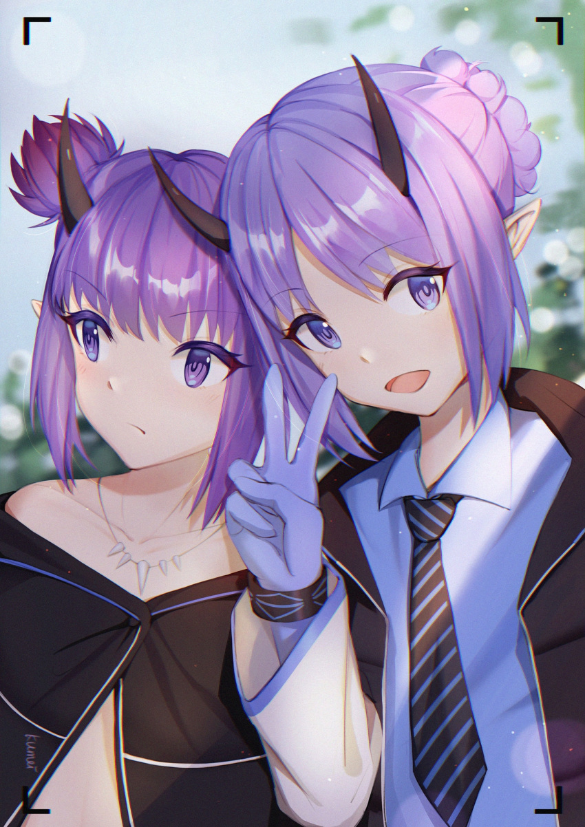 2girls arknights bangs black_jacket blue_gloves blue_neckwear blue_shirt closed_mouth collarbone collared_shirt eyebrows_visible_through_hair gloves hibiscus_(arknights) highres horns jacket jewelry kumei lava_(arknights) long_sleeves looking_at_viewer looking_away looking_to_the_side multiple_girls necklace necktie open_clothes open_jacket open_mouth pointy_ears purple_eyes purple_hair shirt short_hair siblings sisters smile twins upper_body v viewfinder