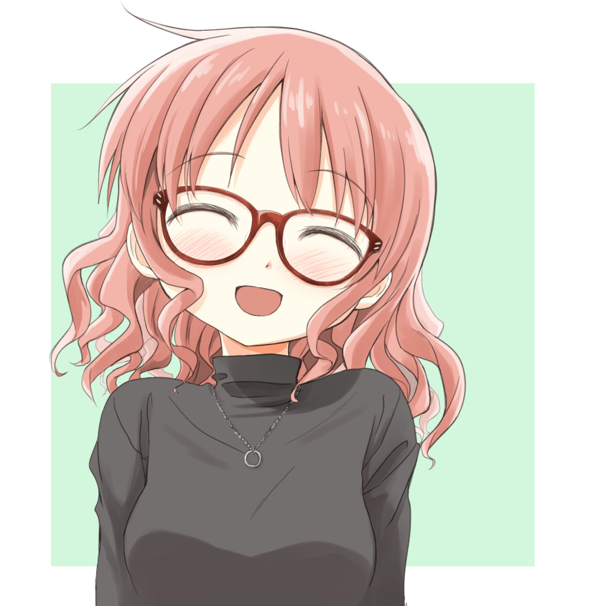 1girl :d ahoge bangs bespectacled blush breasts eyebrows_visible_through_hair glasses hidamari_sketch highres hiro jewelry long_sleeves medium_breasts necklace open_mouth percy_pyl red_hair simple_background smile solo sweater swept_bangs tree turtleneck turtleneck_sweater wavy_hair