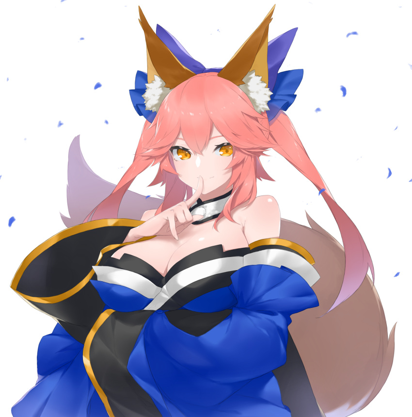 1girl animal_ears bangs bare_shoulders blue_bow blue_kimono bow breasts cleavage closed_mouth commentary_request detached_collar detached_sleeves fate/grand_order fate_(series) fhang finger_to_mouth fox_ears fox_girl fox_tail hair_bow highres index_finger_raised japanese_clothes kimono large_breasts long_hair long_sleeves looking_at_viewer petals pink_hair shushing sidelocks smile solo tail tamamo_(fate)_(all) tamamo_no_mae_(fate) twintails upper_body wide_sleeves yellow_eyes