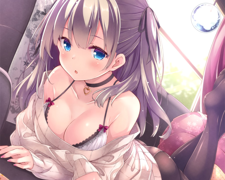 aqua_eyes ass blush bra breasts bubbles choker cleavage couch cropped gray_hair long_hair original panties pantyhose ryo twintails underwear waifu2x