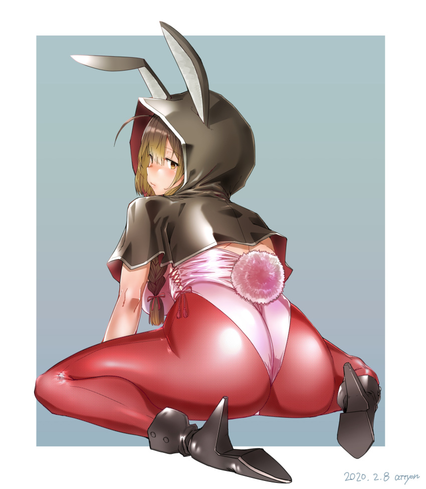 1girl absurdres animal_ears artist_name ass bangs black_footwear blue_background border braid breasts brown_hair bunny_ears bunny_tail bunnysuit capelet closed_mouth commentary_request dated eyebrows_visible_through_hair fake_animal_ears fake_tail hair_between_eyes high_heels highres hood hood_up hooded_capelet kantai_collection killing-inthe-name leotard long_hair pantyhose pink_leotard red_neckwear shinshuu_maru_(kantai_collection) signature simple_background sitting sketch solo strapless strapless_leotard tail twin_braids two-tone_background white_border