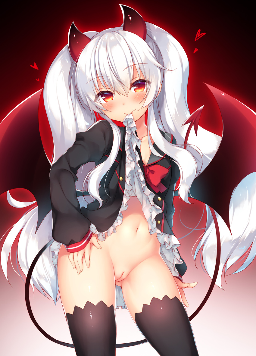 1girl absurdres ass_visible_through_thighs bangs black_legwear blush bow bowtie buttons clothes_in_mouth collarbone dark_persona demon_tail demon_wings evo_grim eyebrows_visible_through_hair eyes_visible_through_hair fanbox_reward flashing frills grim_aloe groin hair_between_eyes highres horns lifted_by_self long_hair long_sleeves looking_at_viewer mouth_hold navel no_panties paid_reward puffy_long_sleeves puffy_sleeves pussy quiz_magic_academy quiz_magic_academy_the_world_evolve red_eyes red_horns red_neckwear red_wings sazaki_ichiri silver_hair skirt skirt_in_mouth skirt_lift smile solo stomach tail thighhighs twintails uncensored very_long_hair wings