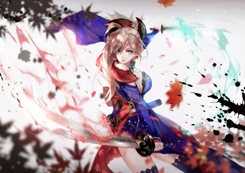 1girl absurdres asymmetrical_hair blue_eyes blue_kimono blue_legwear blue_sleeves blurry_foreground breasts cleavage closed_mouth detached_sleeves dual_wielding earrings fate/grand_order fate_(series) hair_between_eyes highres holding holding_sword holding_weapon japanese_clothes jewelry katana kimono large_breasts long_hair long_sleeves miyamoto_musashi_(fate/grand_order) side_slit silver_hair solo stance sword thighhighs vardan weapon wide_sleeves