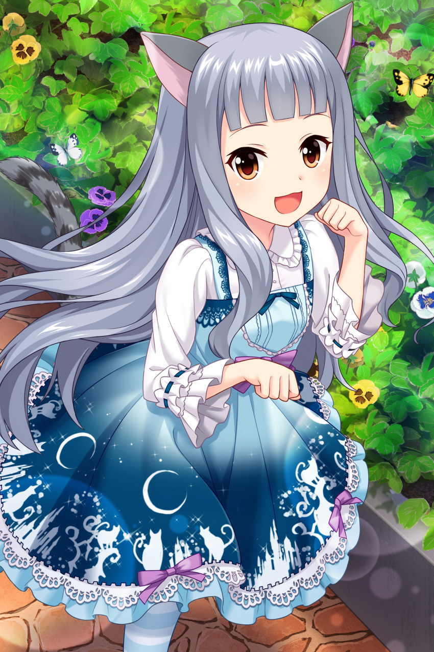 1girl absurdres alternative_girls animal_ears bug butterfly cat_ears cat_tail dress highres hiiragi_tsumugi insect leaf light_blush long_hair official_art paw_pose silver_hair smile striped striped_legwear tail