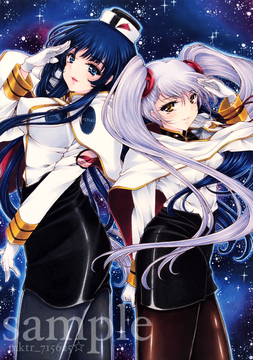 2girls bangs black_legwear black_skirt blue_eyes blue_hair breasts breasts_apart brown_legwear capelet covered_nipples cowboy_shot eyebrows_visible_through_hair floating_hair gloves hair_between_eyes hat highres hoshino_ruri jacket kidou_senkan_nadesico long_hair long_sleeves looking_at_viewer medium_breasts mini_hat miniskirt misumaru_yurika mktr_(princess_mktr) multiple_girls open_mouth panties pantyshot parted_lips pencil_skirt red_ribbon ribbon sample shiny shiny_hair shiny_skin shirt silver_hair skirt small_breasts smile standing underwear uniform very_long_hair white_capelet white_gloves white_jacket white_shirt yellow_eyes