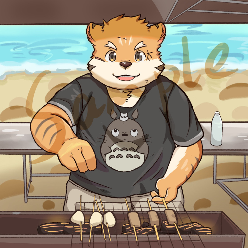 1:1 2020 4_fingers anthro beach bottle bottomwear brown_nose chest_tuft clothing cooking countershade_arms countershade_torso countershading day eyebrows felid fingers foam food fur furniture ghibli glowing goldfishdog grill grilling hi_res humanoid_hands kemono looking_at_viewer male mammal my_neighbor_totoro open_mouth open_smile orange_body orange_fur outside pantherine pants pink_inner_ear sample sand sea seaside shirt smile solo striped_arms table teeth tiger topwear totoro tuft water watermark whiskers white_countershading white_eyebrows