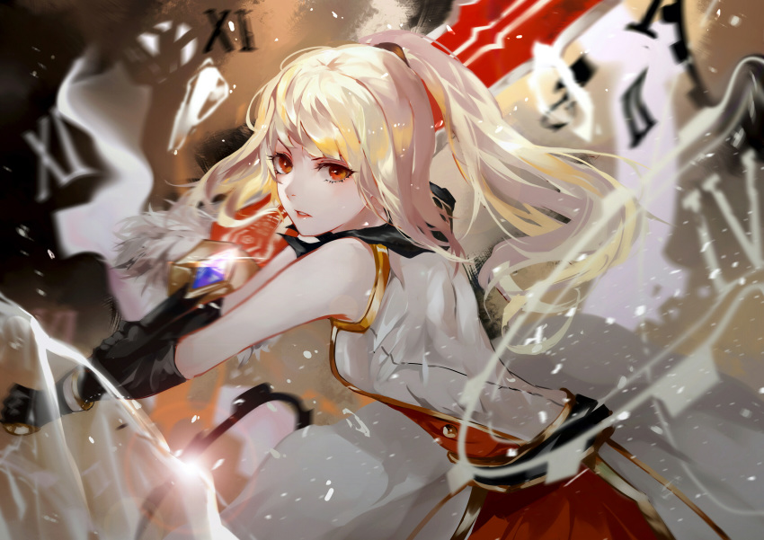 1girl black_gloves blurry blurry_background blurry_foreground floating_hair gloves highres holding holding_sword holding_weapon long_hair maplestory parted_lips ponytail red_eyes silver_hair sleeveless solo sword vardan weapon