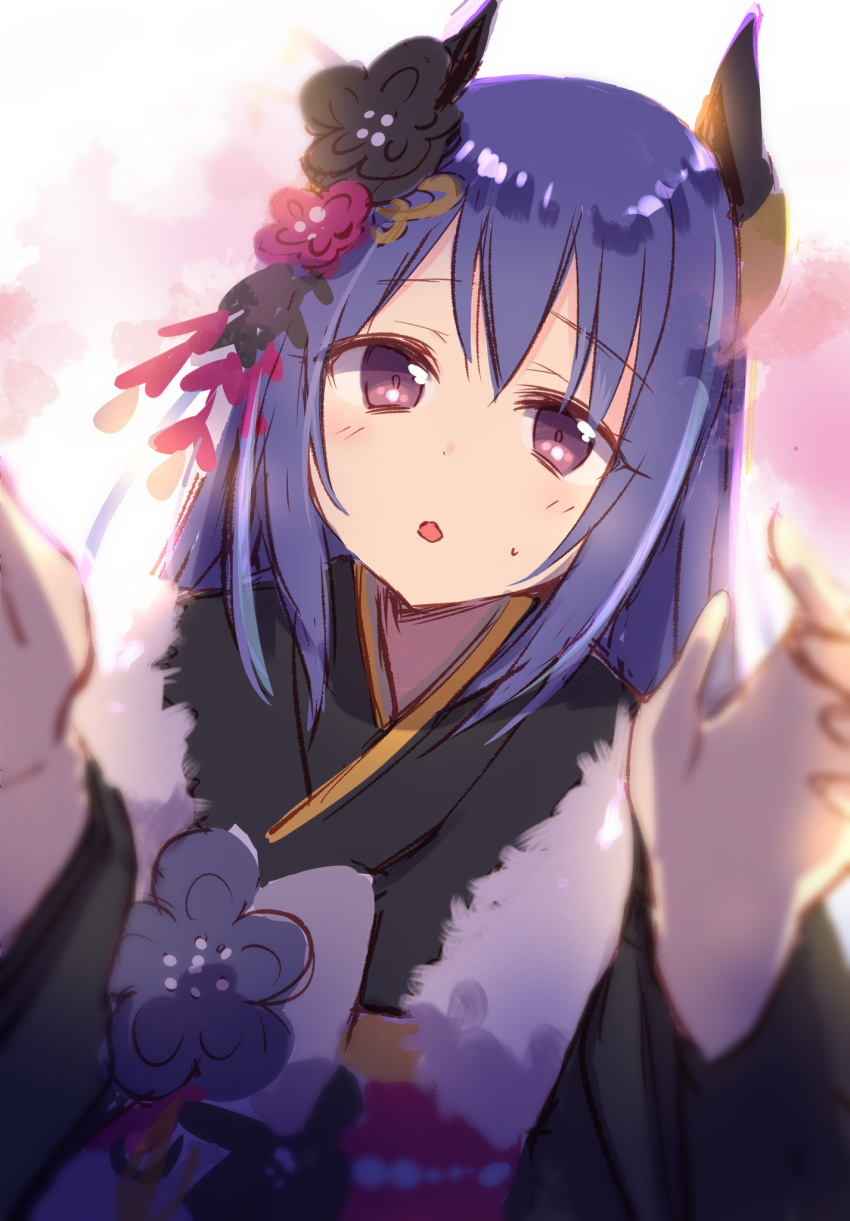 1girl bangs black_kimono blue_hair blurry blurry_foreground blush brown_eyes curled_horns demon_horns depth_of_field eyebrows_visible_through_hair gucchiann hair_ornament highres horns japanese_clothes kimono long_hair long_sleeves looking_at_viewer obi parted_lips princess_connect! princess_connect!_re:dive sash shijou_rei solo sweat upper_body