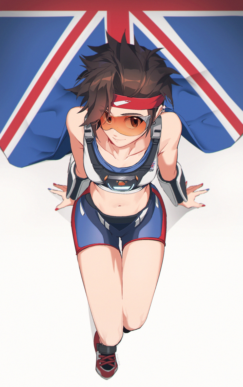 1girl absurdres artist_name bare_shoulders blue_nails breasts brown_eyes brown_hair closed_mouth collarbone ear_piercing earrings flag from_above full_body glasses goggles harness highres jewelry legs looking_at_viewer maro_(lij512) nail_polish navel orange_goggles overwatch piercing red_nails shoelaces shoes short_hair short_shorts shorts simple_background sitting sleeveless smile sneakers solo spiked_hair stomach tracer_(overwatch) union_jack