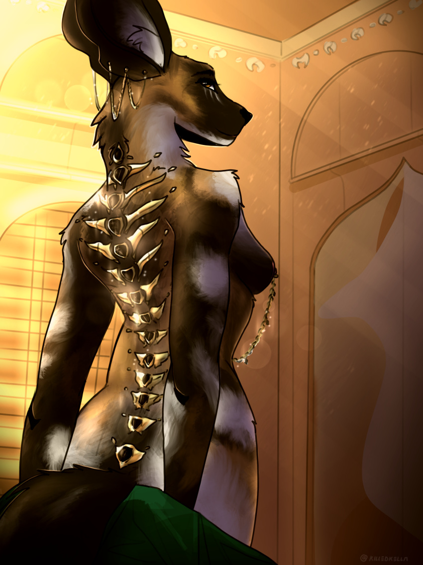 absurd_res african_wild_dog akella anthro big_ears black_nose body_jewelry breasts brown_body brown_eyes brown_fur butt canid canine coronation_day detailed_background digital_media_(artwork) ear_piercing eyebrows female fur hi_res jewelry keiko_(coronation_day) looking_at_viewer mammal mostly_nude multicolored_body nipple_piercing nipples nude piercing smile solo spine standing