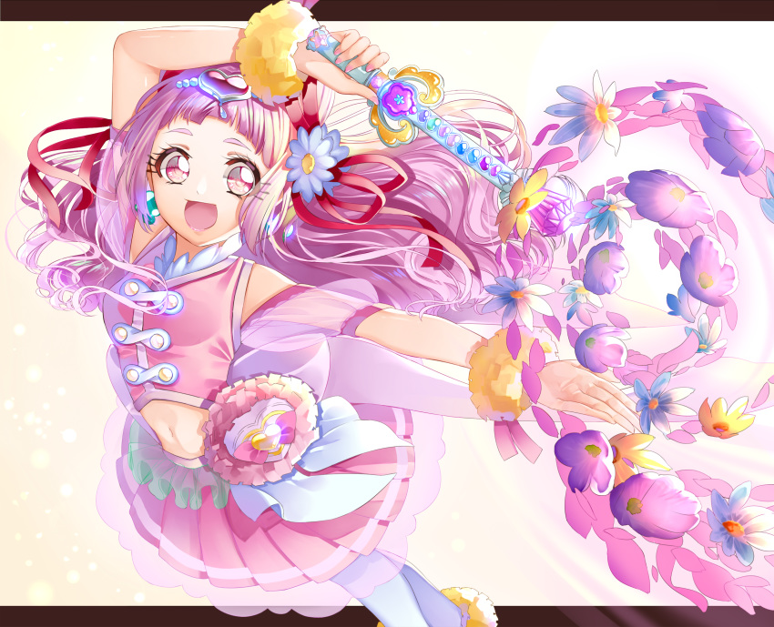 1girl :d crop_top cure_yell detached_sleeves earrings floating_hair hair_ornament hair_ribbon heart heart_hair_ornament highres holding holding_staff hugtto!_precure jewelry long_hair looking_at_viewer midriff miniskirt navel nono_hana open_mouth outstretched_arm pink_eyes pink_hair pink_skirt pink_sleeves pleated_skirt precure red_ribbon ribbon shiny shiny_hair short_sleeves simple_background skirt smile solo staff stomach very_long_hair white_background white_legwear yuutarou_(fukiiincho)