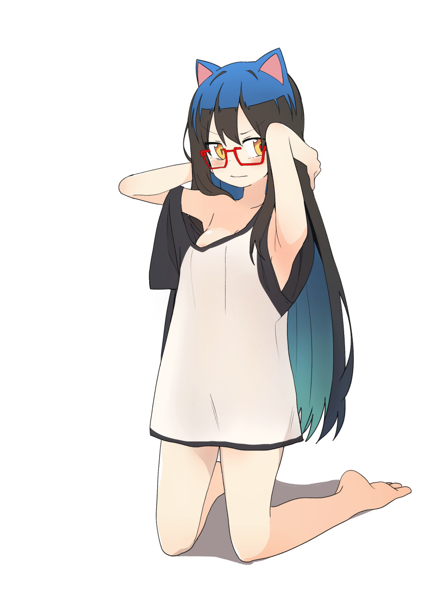 1girl absurdres animal_ears areolae bangs barefoot black_hair blush breasts bural_chingu cat_ears eyebrows_visible_through_hair full_body glasses hair_between_eyes highres ju_hyeon-mi kneeling looking_at_viewer luke_(dydansgur) naked_shirt nipple_slip nipples red-framed_eyewear semi-rimless_eyewear shirt simple_background solo under-rim_eyewear white_background yellow_eyes