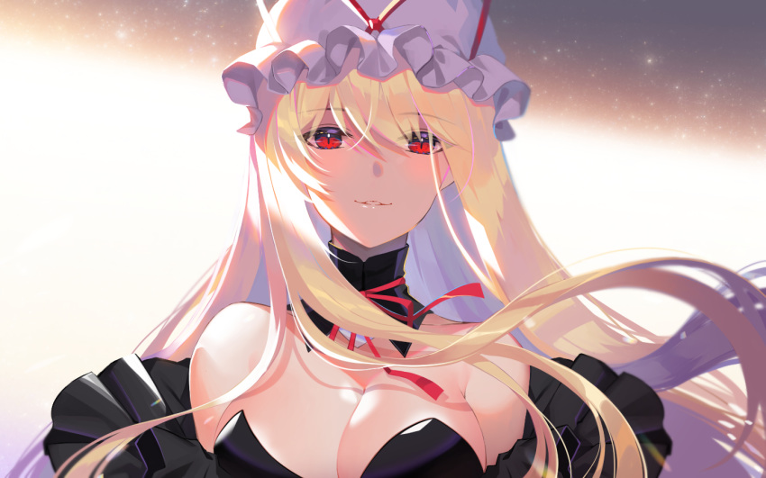 1girl bangs bare_shoulders blonde_hair breasts choker cleavage commentary_request detached_collar eyebrows_visible_through_hair hair_between_eyes hat hat_ribbon large_breasts long_hair looking_at_viewer mob_cap parted_lips red_choker red_eyes red_ribbon ribbon ribbon_choker roh_nam_kyung solo touhou upper_body white_headwear yakumo_yukari