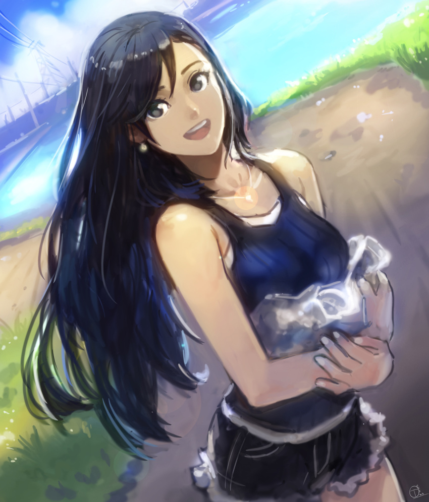 1girl bangs black_eyes black_hair cutoffs day dutch_angle earrings highres jewelry long_hair looking_at_viewer okuto open_mouth original outdoors power_lines shorts signature solo tank_top