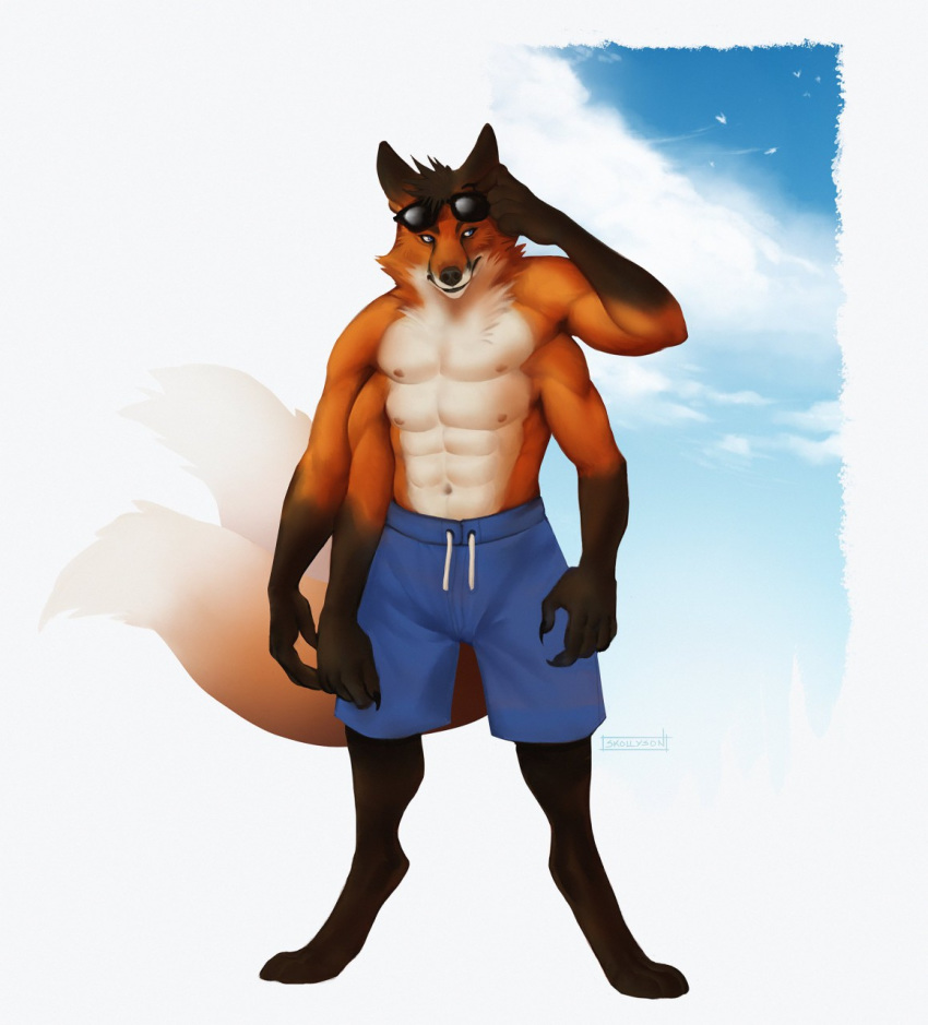 anthro bottomwear canid canine chipfox clothing digitigrade eyewear fox hi_res male mammal multi_arm multi_limb multi_tail shorts skollyson solo standing sunglasses