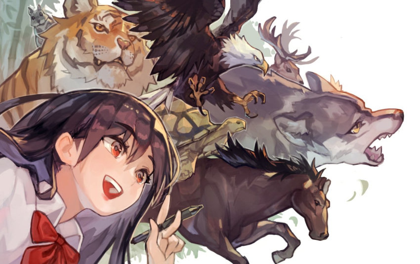 1girl animal bamboo bird bow brown_hair commentary_request deer eagle holding holding_stylus horse long_hair open_mouth original red_bow red_eyes red_neckwear smile squirrel stylus teeth tiger turtle uedrk_yamato upper_teeth wolf