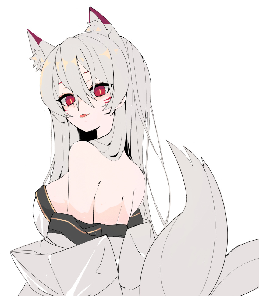 1girl :d animal_ear_fluff animal_ears ara_haan bangs bare_shoulders breasts elsword eun_(elsword) eyebrows_visible_through_hair fang flat_color fox_ears fox_tail highres japanese_clothes kimono long_hair looking_at_viewer looking_back multiple_tails open_mouth red_eyes seu_9(banya) simple_background smile solo tail very_long_hair whisker_markings white_background white_hair white_kimono