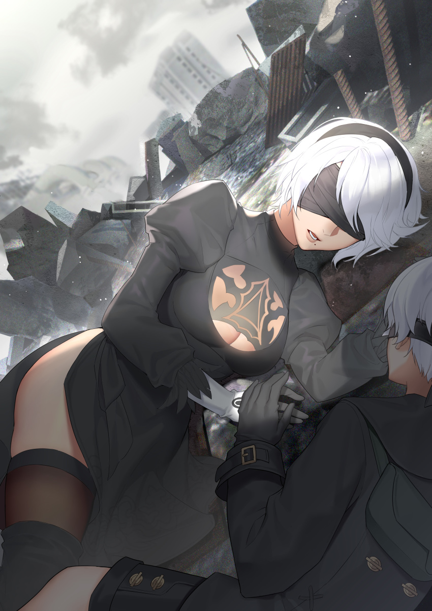 1boy 1girl absurdres aquarius_(artist) black_blindfold black_dress black_gloves black_hairband black_legwear blindfold boots breasts building cleavage_cutout commentary dress feather-trimmed_sleeves gloves hairband high_heel_boots high_heels highres juliet_sleeves long_sleeves lying medium_breasts mole mole_under_mouth nier_(series) nier_automata outdoors puffy_sleeves ruins short_hair shorts silver_hair thigh_boots thighhighs thighhighs_under_boots white_hair yorha_no._2_type_b yorha_no._9_type_s