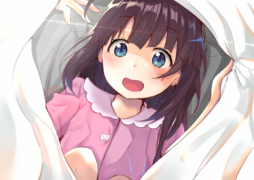 1girl absurdres arm_up bangs blue_eyes blush brown_hair cac_itinose collared_dress commentary_request dress eyebrows_visible_through_hair hair_down hand_up highres hinatsuru_ai knees_up long_hair looking_at_viewer open_mouth pink_dress ryuuou_no_oshigoto! solo