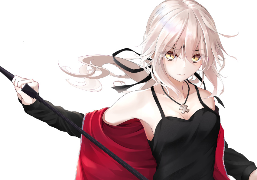 1girl artoria_pendragon_(all) bangs bare_shoulders black_jacket black_ribbon black_shirt blonde_hair breasts collarbone commentary_request eyebrows_visible_through_hair fate_(series) highres holding holding_sword holding_weapon jacket long_hair long_sleeves looking_at_viewer medium_breasts oriuo_q ponytail red_jacket ribbon saber_alter shirt simple_background solo sword weapon white_background yellow_eyes