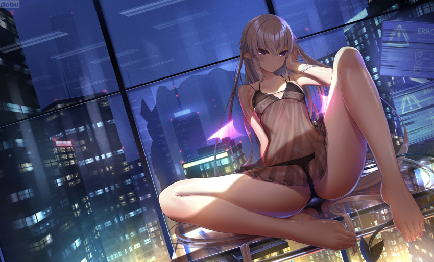 1girl bangs bikini black_bikini breasts broken_window building city_lights demon_girl demon_tail desk dobunezumi dutch_angle error_message hair_between_eyes highres indoors lingerie long_hair looking_at_viewer medium_breasts monitor negligee night original purple_eyes see-through silver_hair skyscraper smile solo spread_legs succubus swimsuit tail underwear wings