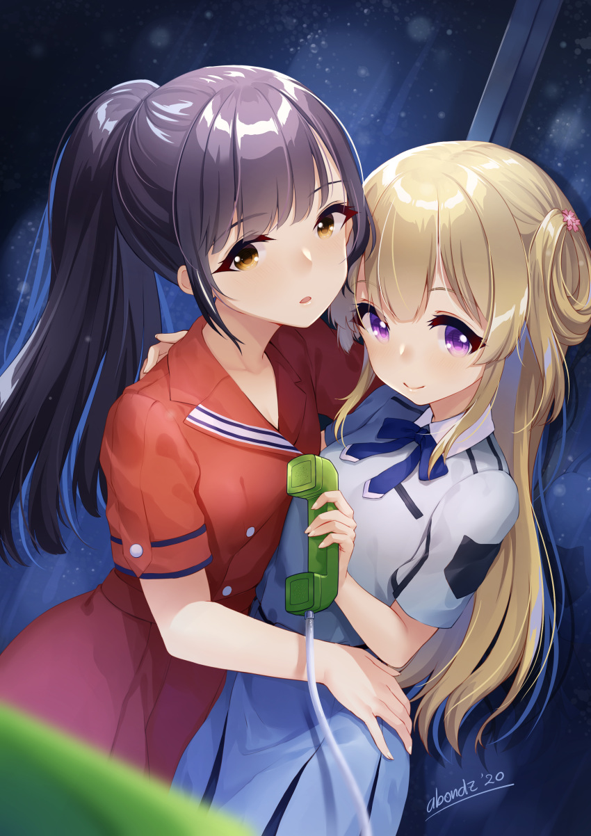 22/7 2girls abondz absurdres bangs black_hair blonde_hair blunt_bangs blurry_foreground brown_eyes character_request eyebrows_visible_through_hair fujima_sakura highres hug long_hair looking_at_viewer multiple_girls phone ponytail purple_eyes school_uniform signature smile