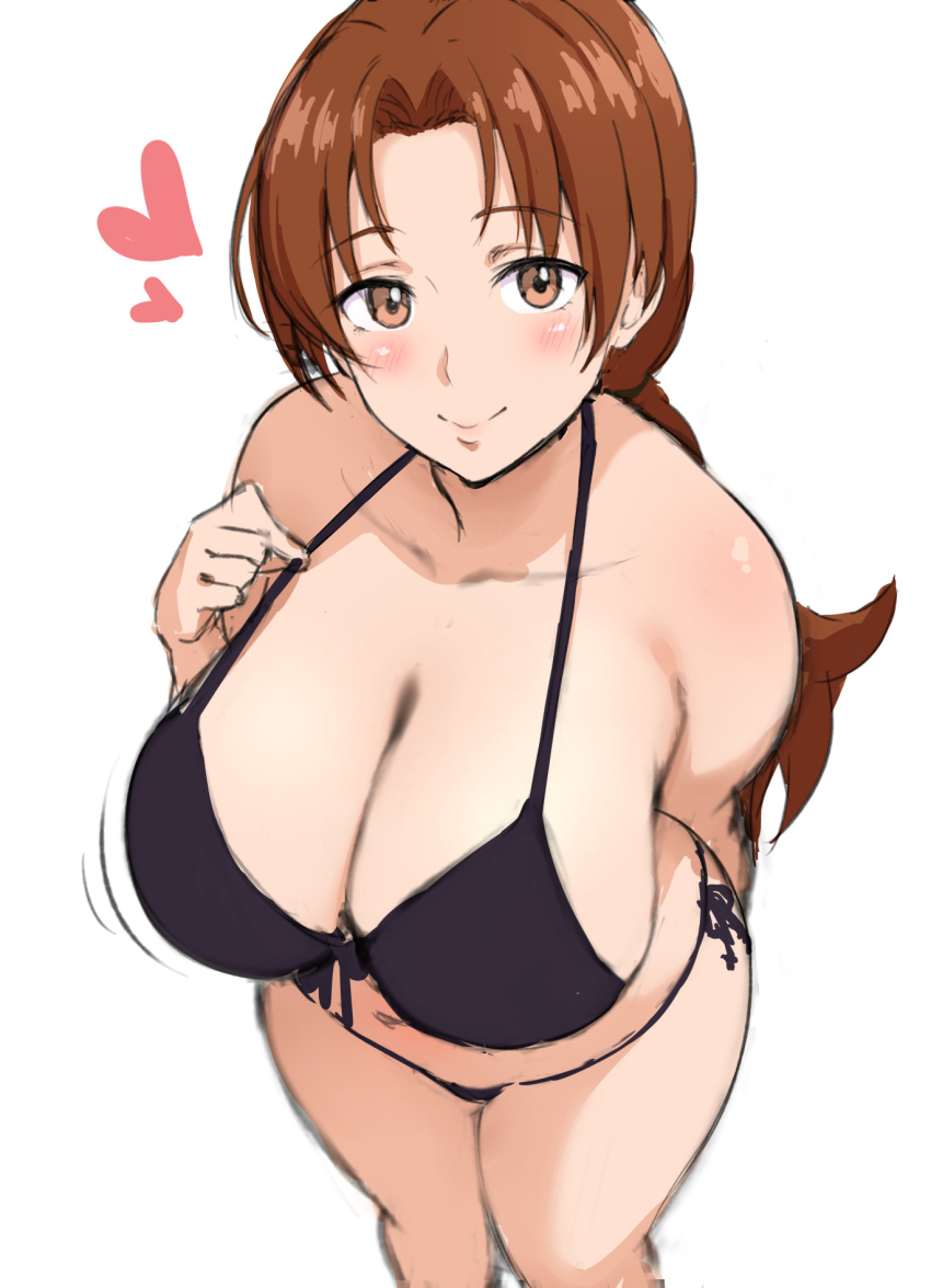 1girl bikini black_bikini blush breasts brown_eyes brown_hair cleavage commentary_request from_above halterneck hanako_(pokemon) heart highres large_breasts long_hair looking_at_viewer mature mhs pokemon ponytail side-tie_bikini simple_background sketch smile solo strap_lift swimsuit white_background