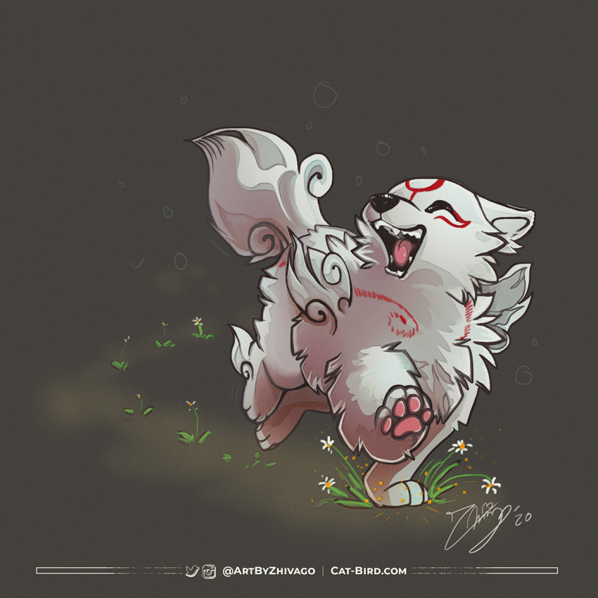 1:1 2020 ambiguous_gender canid canine canis capcom chibiterasu deity fangs feral flower fur hi_res mammal okamiden open_mouth open_smile pawpads paws plant signature simple_background smile solo text tongue url video_games white_body white_fur wolf zhivago ōkami