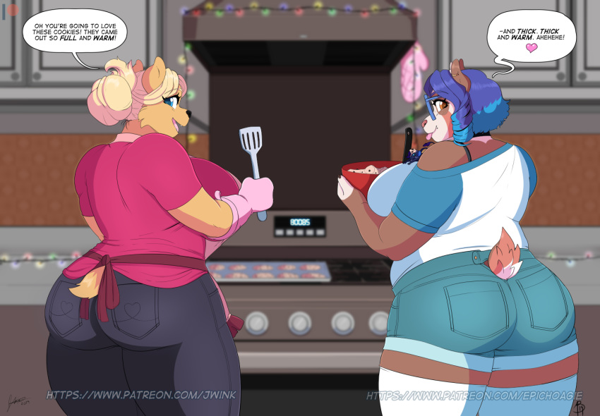 anthro big_breasts breasts christmas_lights clothed clothing cyrus_physhor dialogue duo english_text female hair jwinkz kitchen mammal smile spatula text tools ursid