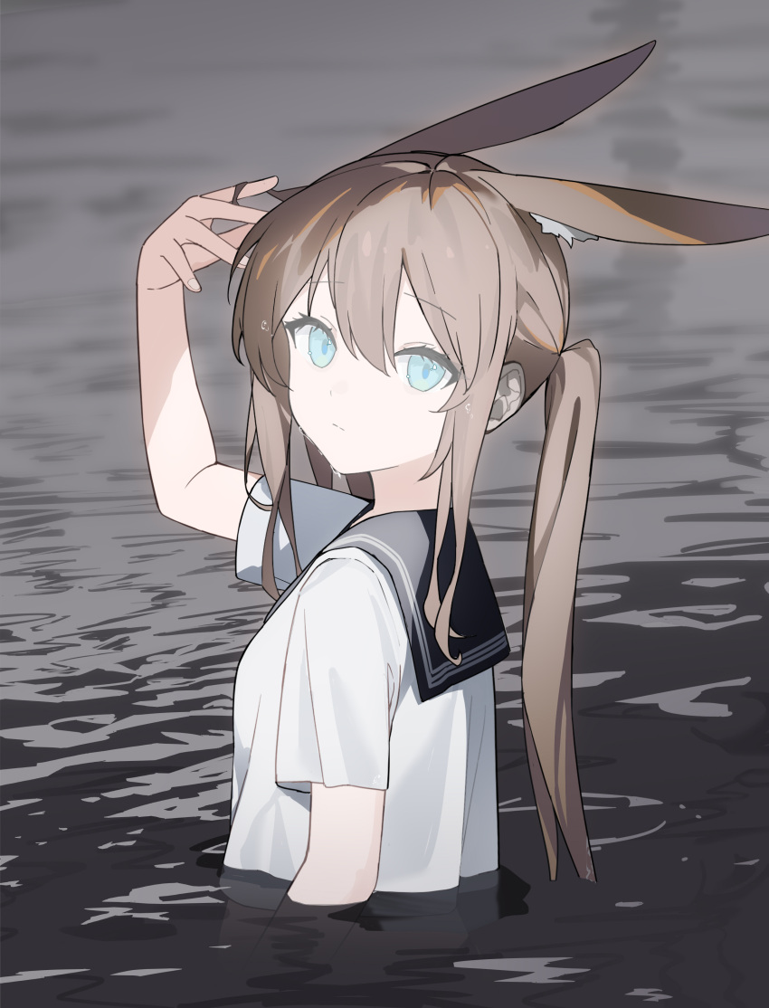 1girl absurdres alternate_costume amiya_(arknights) animal_ears arknights arm_up blue_eyes brown_hair closed_mouth from_side highres long_hair looking_at_viewer looking_to_the_side nagisa_(cxcx5235) partially_submerged ponytail rabbit_ears school_uniform serafuku shirt short_sleeves sidelocks solo upper_body water white_shirt