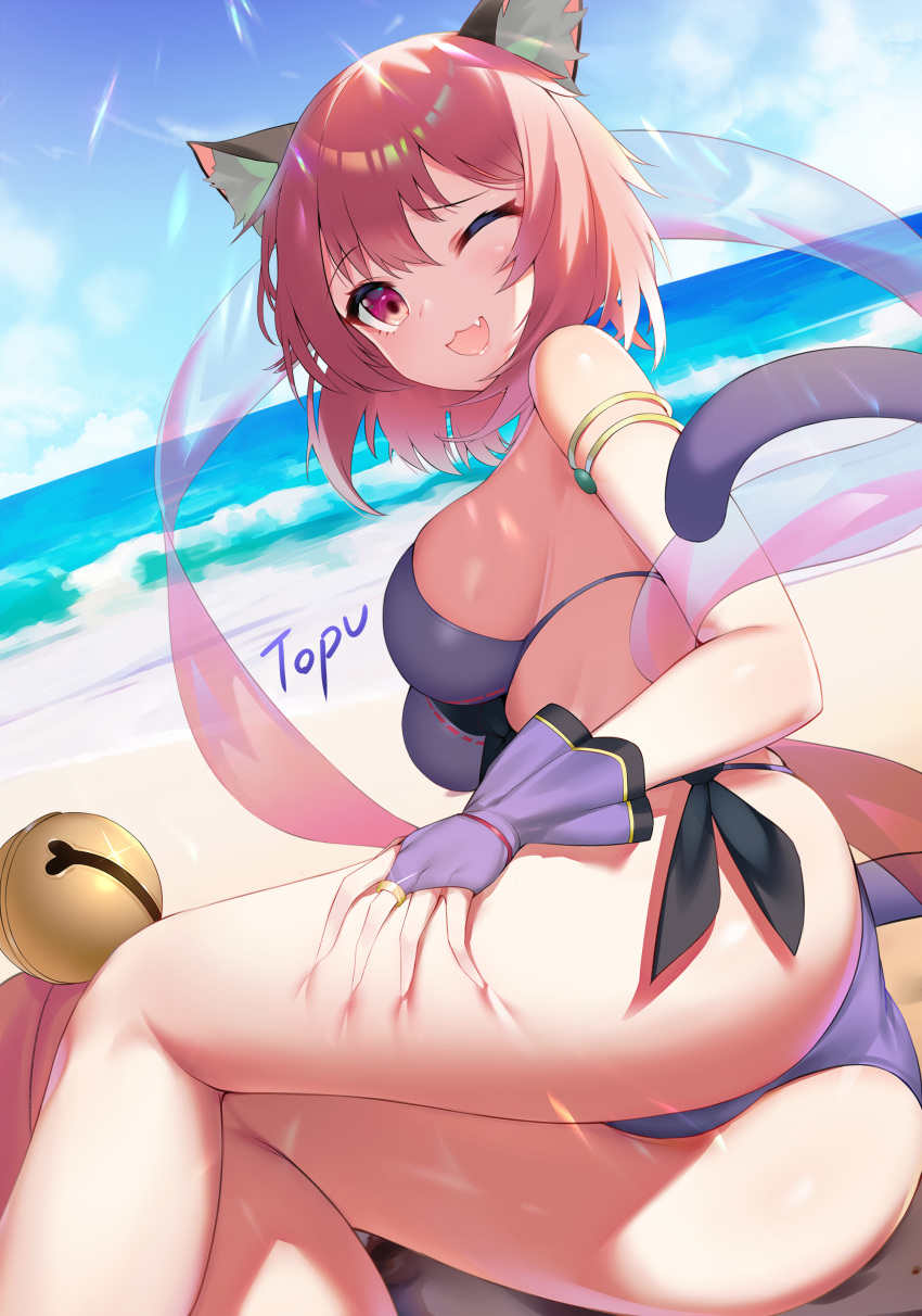 1girl ;d absurdres animal_ear_fluff animal_ears armlet ass bare_shoulders beach bell bikini breasts cat_ears cat_girl cat_tail day dutch_angle fang front-tie_bikini front-tie_top hand_on_own_thigh highres jingle_bell large_breasts looking_at_viewer lying miyasaka_tamaki ocean on_side one_eye_closed open_mouth outdoors pink_eyes pink_hair princess_connect! princess_connect!_re:dive purple_bikini reclining shawl short_hair side-tie_bikini sky smile solo sunlight swimsuit tail thighs tttanggvl water