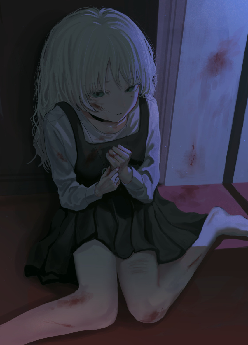 1girl absurdres barefoot black_dress blood blood_on_clothes blood_on_face blood_on_ground blood_on_wall cuts dress gem green_eyes green_gemstone highres implied_self-mutilation indoors injury jewelry kyano_(kyanora3141) long_sleeves medium_hair no_nose on_ground original own_hands_together pendant pinafore_dress pleated_dress scratches shirt sidelocks sitting sleeveless sleeveless_dress solo wariza white_hair white_shirt